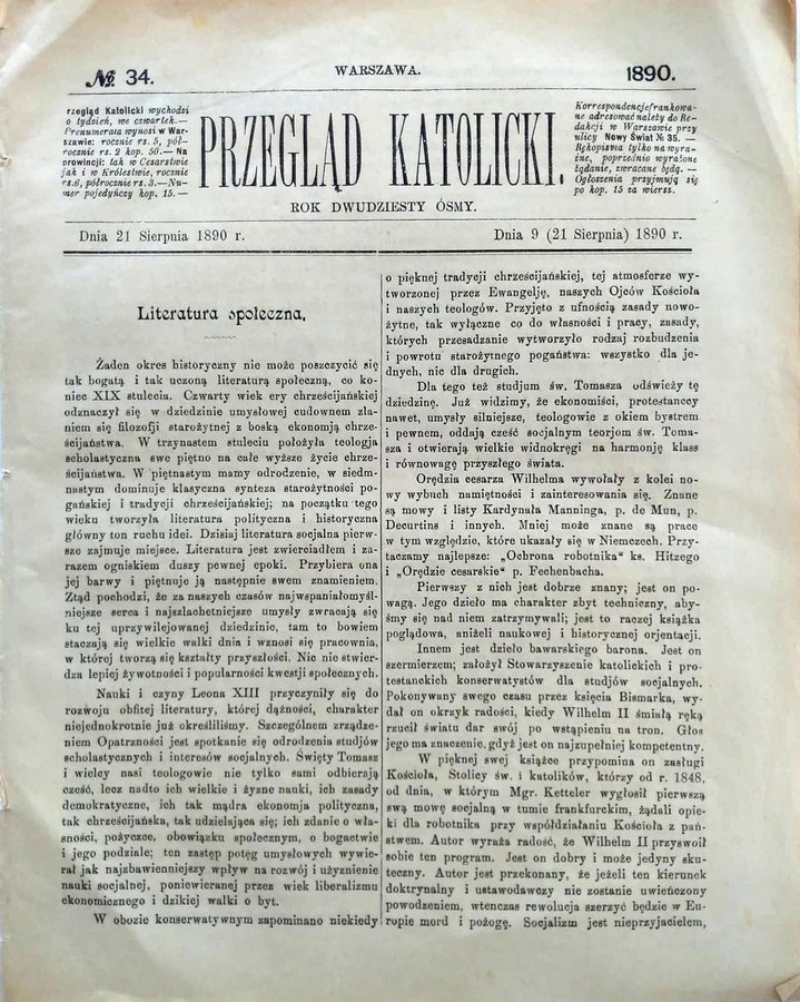 Przegląd katolicki Nr 34. z sierpnia 1890 r. - strona tytułowa